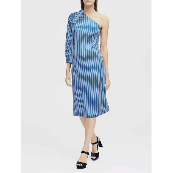 Banana Republic NWT One Shoulder Blue Stripe Midi Dress, Sz 0, MSRP $128 - Picture 1 of 11